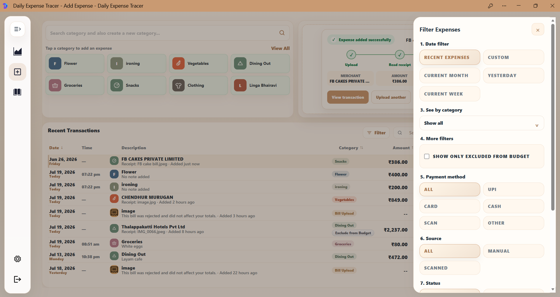 Daily Expense Tracer expense filter panel showing date, category, excluded-from-budget, payment-method, source, and status filters.