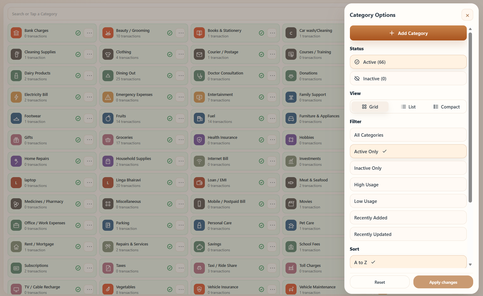 Daily Expense Tracer category manager showing category cards and options for status, view, filtering, sorting, and adding a category.