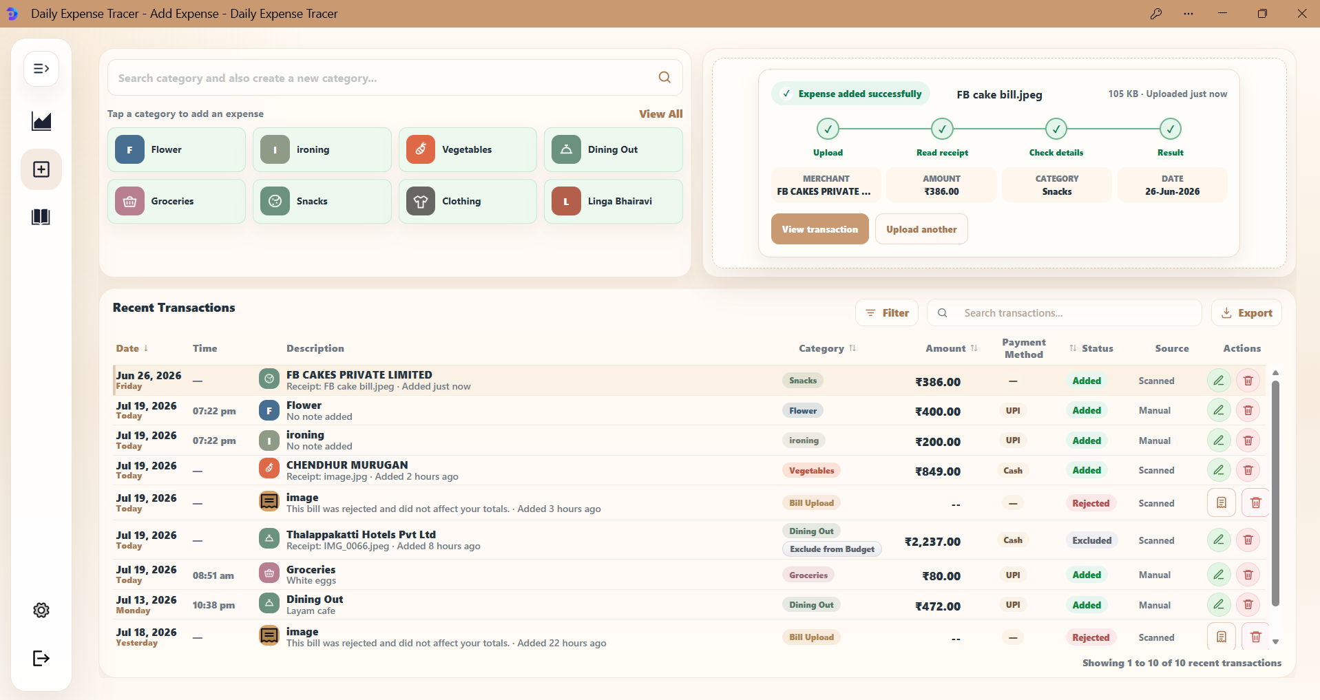 Daily Expense Tracer desktop Add Expense screen showing a completed receipt upload, detected expense details, recent transactions, search, filters, and export.
