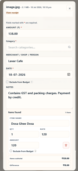 Daily Expense Tracer review screen showing detected amount, category, merchant, date, notes, and receipt items before saving.