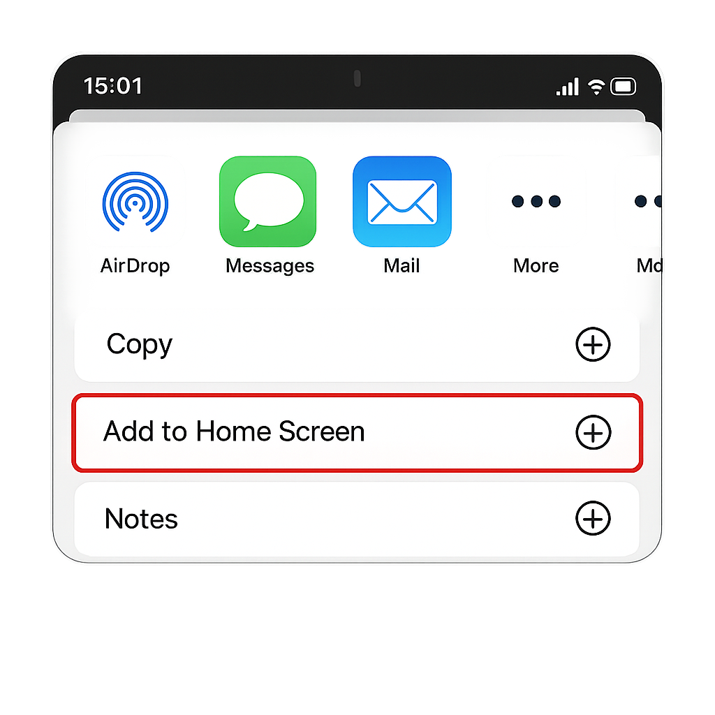 Safari Add to Home Screen flow for Daily Expense Tracer on iPhone and iPad.
